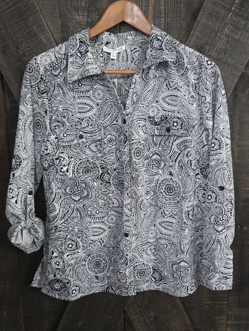 Notations Black and White Paisley Button Down Shirt Petite Large NWT